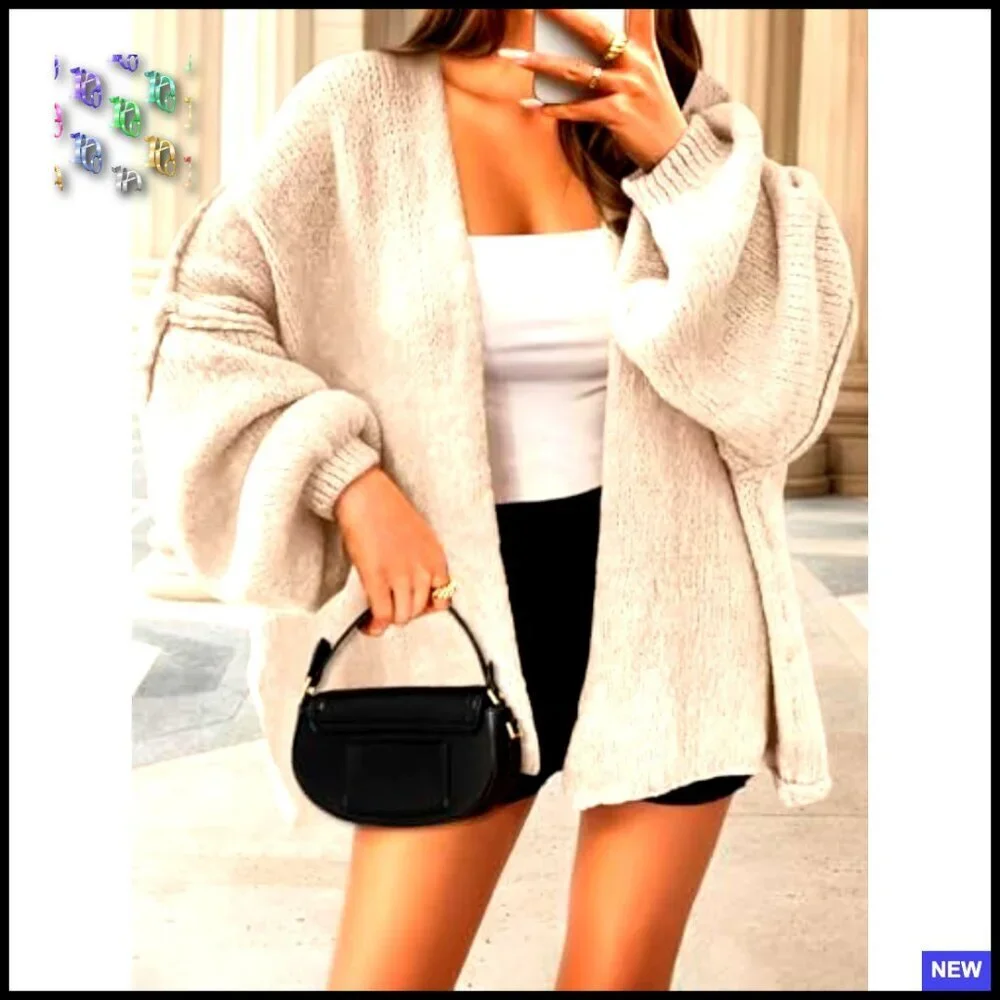 Oversized Chunky Knit Cardigan Open Front Lantern Sleeve Casual Sweater Coats